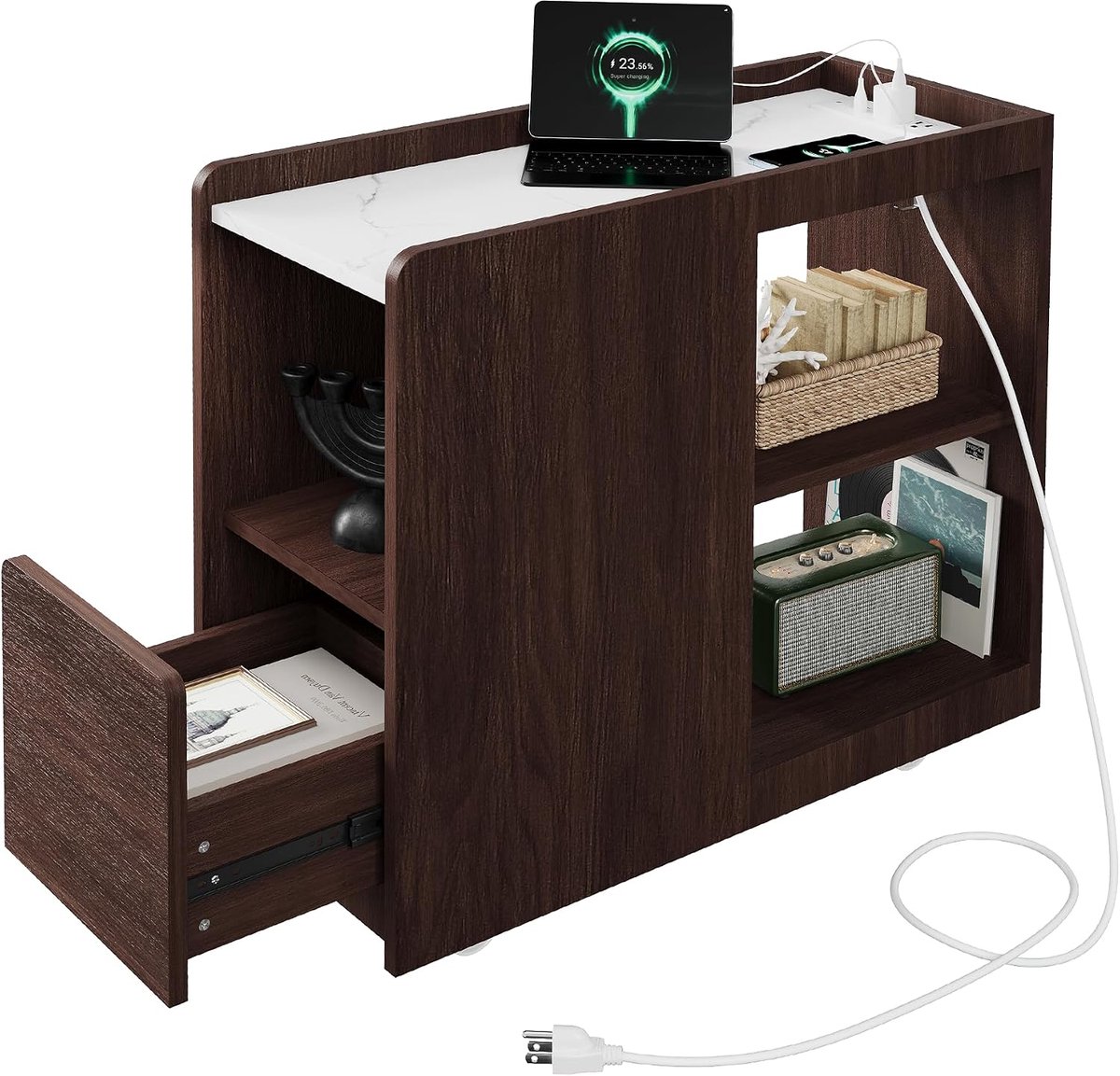 Smal Nachtkastje met Oplaadstation - Bijzettafel op Wieltjes - 2 Stopcontacten, USB & USB-C - Met Lade en Verstelbare Plank - Eiken Look - 70 x 30 x 62.5 cm