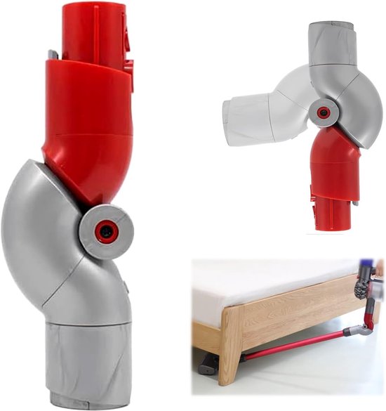 Grijze en rode Dyson-stofzuigeradapter, flexibel en buigbaar, met een insetafbeelding van een gebruiker die eronder zuigt.