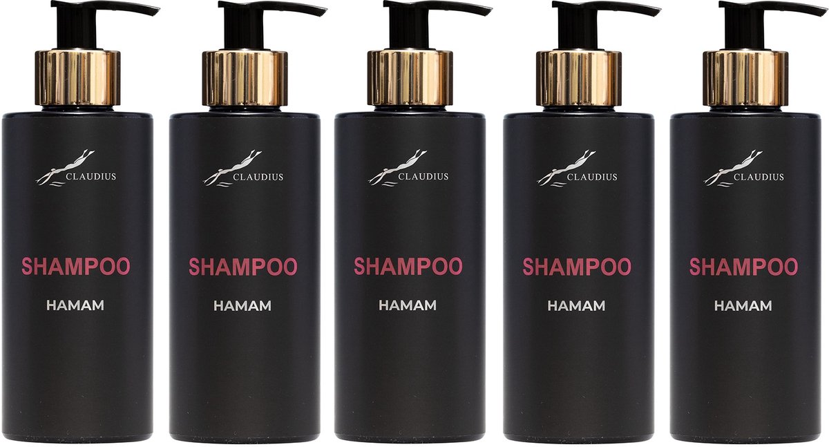 Shampoo Hamam 300 ml - met gouden pomp - zwarte fles - set van 5 stuks - Voordeelverpakking