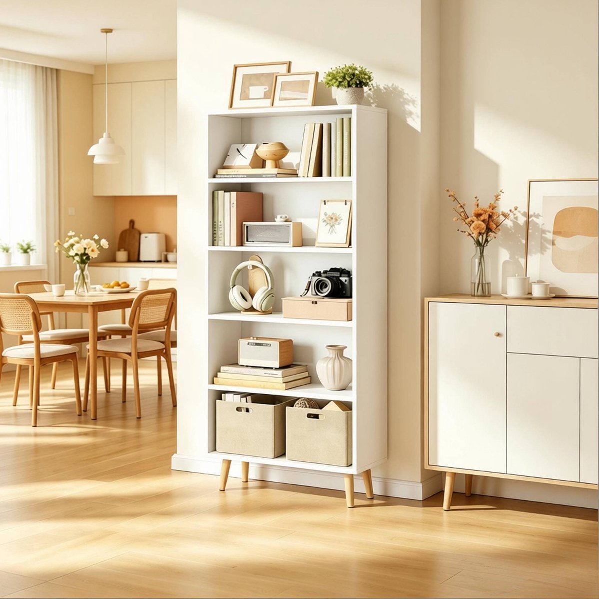 MODFU-Boekenkast-Witte Open Kast-5 Vakken-Hout