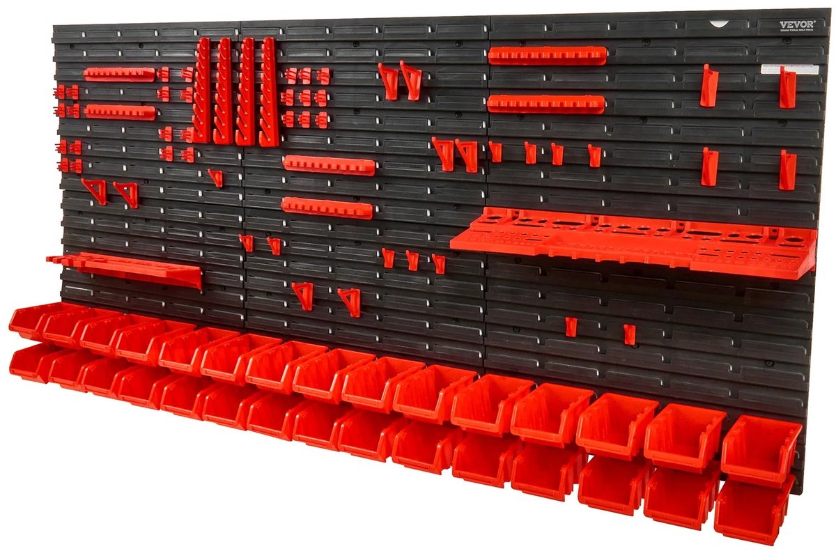 6Seven - Wandrek - Gereedschapswand - Pegboard - Gereedschapshouder - Gereedschapsbord - 48 opbergbakken - Met wandpanelen