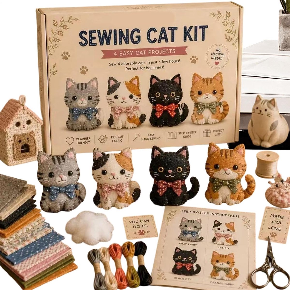 DIY Stoffen Dier Knutselpakket | Creatieve Handgemaakte Naaiset met Voorgesneden Vilt | Zacht Pluche Dier Knutselproject | Creatief Handwerk voor Volwassenen en Tieners | Complete Set met Alle Benodigdheden（Stijl C Kitten 4-delige set）| Cyslmuk®