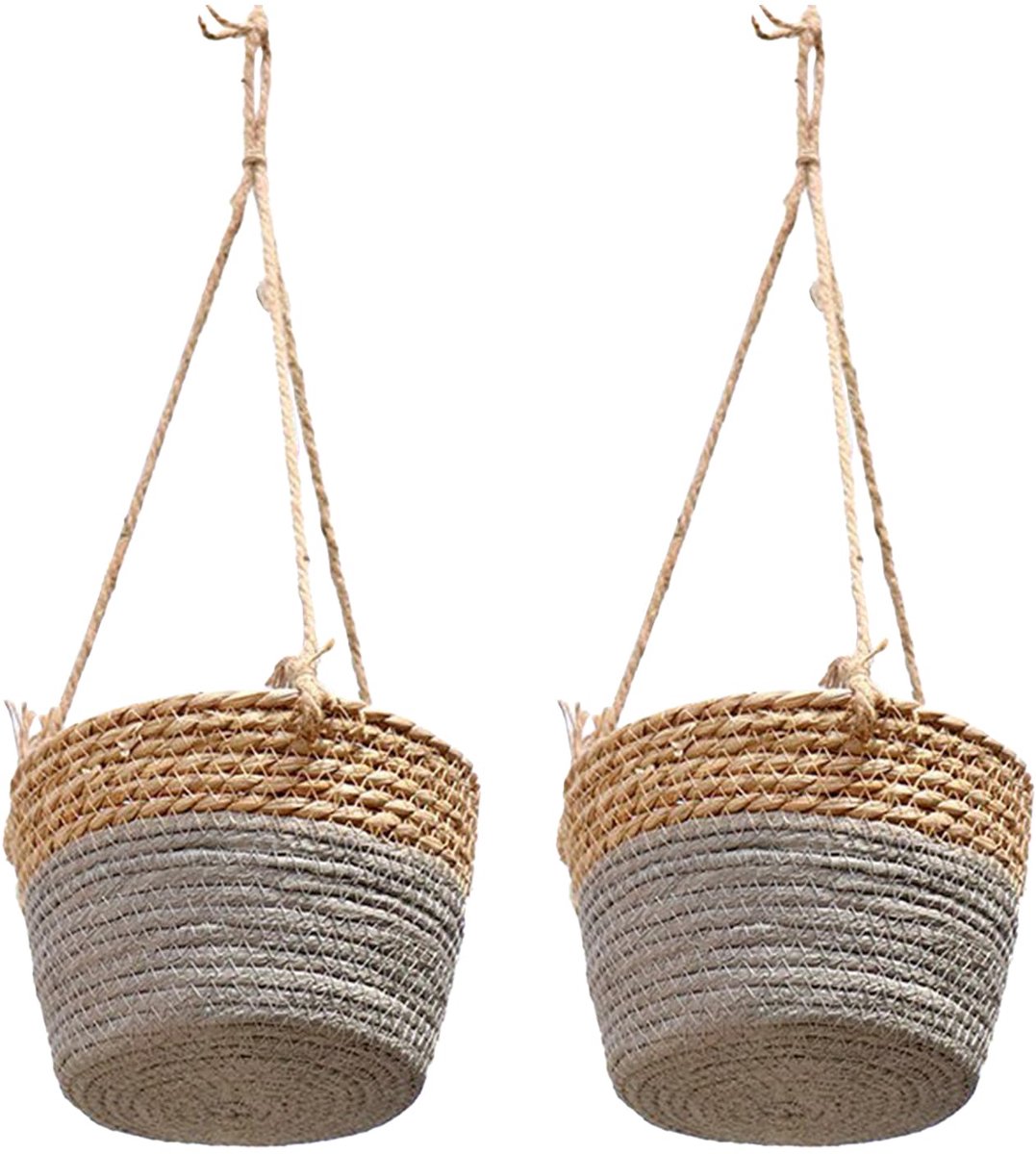 Bloempot - Hangmand - 2 stuks- Plantenmand - Gevlochten Hangende Plantenmand - Riethangmand met Plastic Binnenvoering - Woonkamer Balkon Tuin - 50 x 20 x 12 cm - Half Grijs