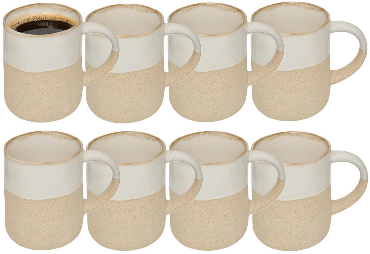 Secret de Gourmet koffie kopjes - Ancient Cairo - 8x stuks - wit/beige - 340 ml - mokken - keramiek - met stijlvol decoratie motief