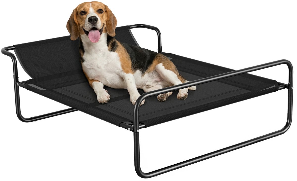 Hoogslaper voor honden, kampeerbed voor honden, katten, huisdieren, met hoofdsteun, microgeperforeerd textielweefsel, voor binnen of buiten, 106 x 81 x 33 cm, zwart