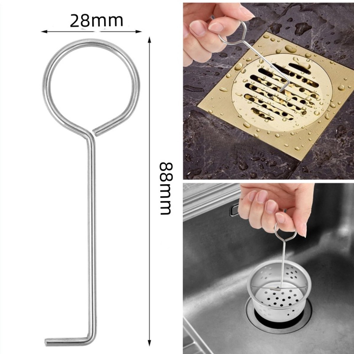 4-delige set - Afvoerliftring - Afvoerpijpsleutelhaak - BBQ-grillhaak - Handvat en haak - Handig hulpmiddel voor het reinigen van doucheafvoeren - 8,8*2,8 cm - Zilver