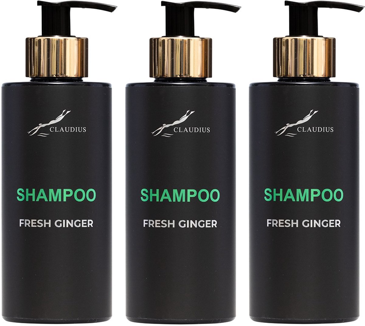 Shampoo Fresh Ginger 300 ml - met gouden pomp - zwarte fles - set van 3 stuks - Voordeelverpakking