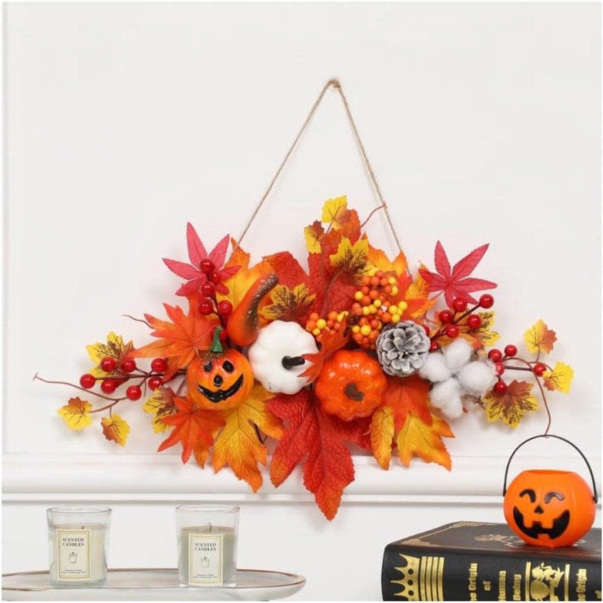 Herfstkrans met pompoenen en esdoornbladeren - inclusief ophangtouw - Geschikt voor voordeuren - Perfect voor Halloween en andere feestdagen