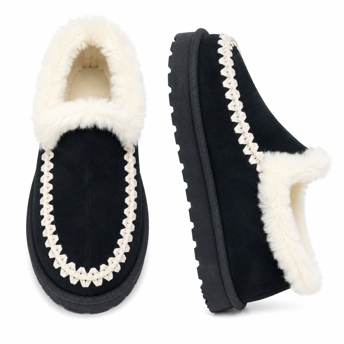 Dames Pantoffels – Warme Sloffen Dames – Huisschoenen voor Binnen & Buiten – Bontvoering – Stevige Zool Maat 36 – Zwart – Valt klein, bestel 1 maat groter