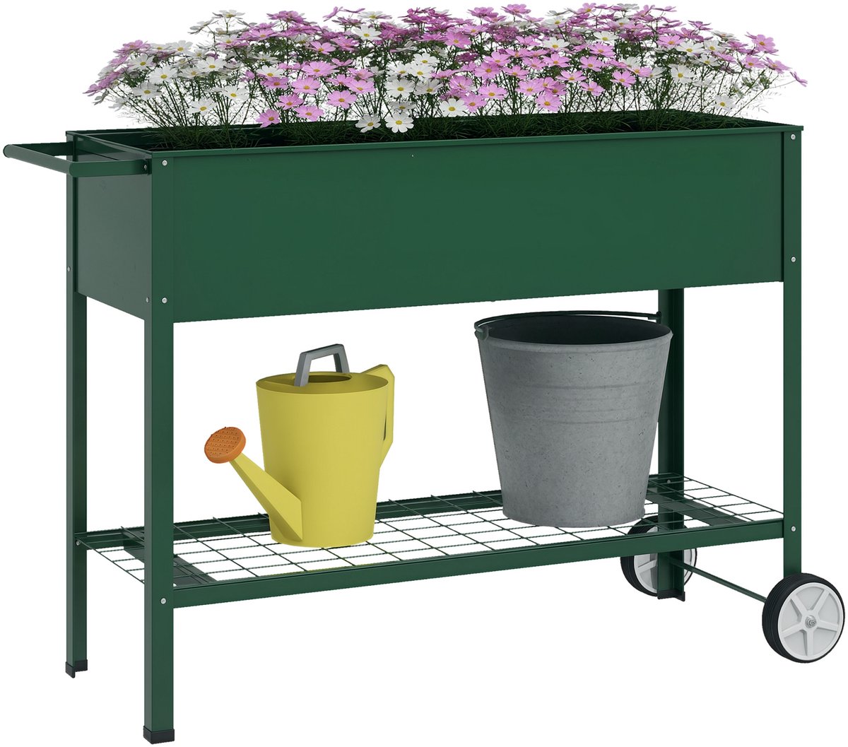 Verhoogd tuinbed met metalen irrigatiesysteem en 2 wielen voor buiten, 109L x 44l x 80H cm metalen plantenbak verhoogde doos voor het kweken van groenten en kruiden, bloem op terras, grijs (groen)
