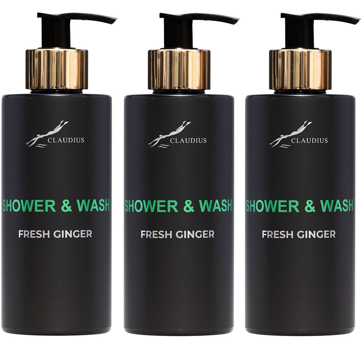 Shower & Wash Fresh Ginger 300 ml - met gouden pomp - zwarte fles - set van 3 stuks - Voordeelverpakking