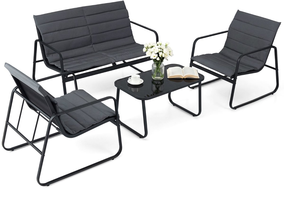 SureDeal® - Tuinset - Delige Tuinmeubelset - Kussens - Salontafel Gehard Glas - 75x44x41 cm - Grijs
