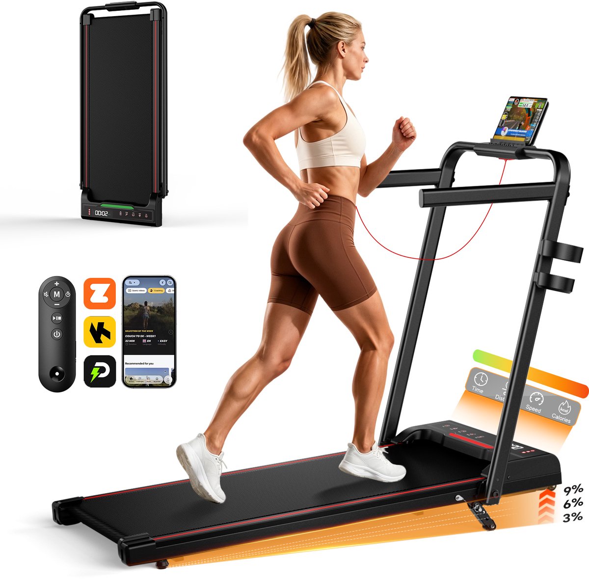 PULSE360 loopband inklapbaar voor thuis - 3 handmatige hellingsstanden (3‑6‑9°) snelheidsmodus 1‑14 km/u LED-scherm -Opvouwbaar ontwerp Treadmill - Max belasting 135kg-Fitshow Zwift Kinomap
