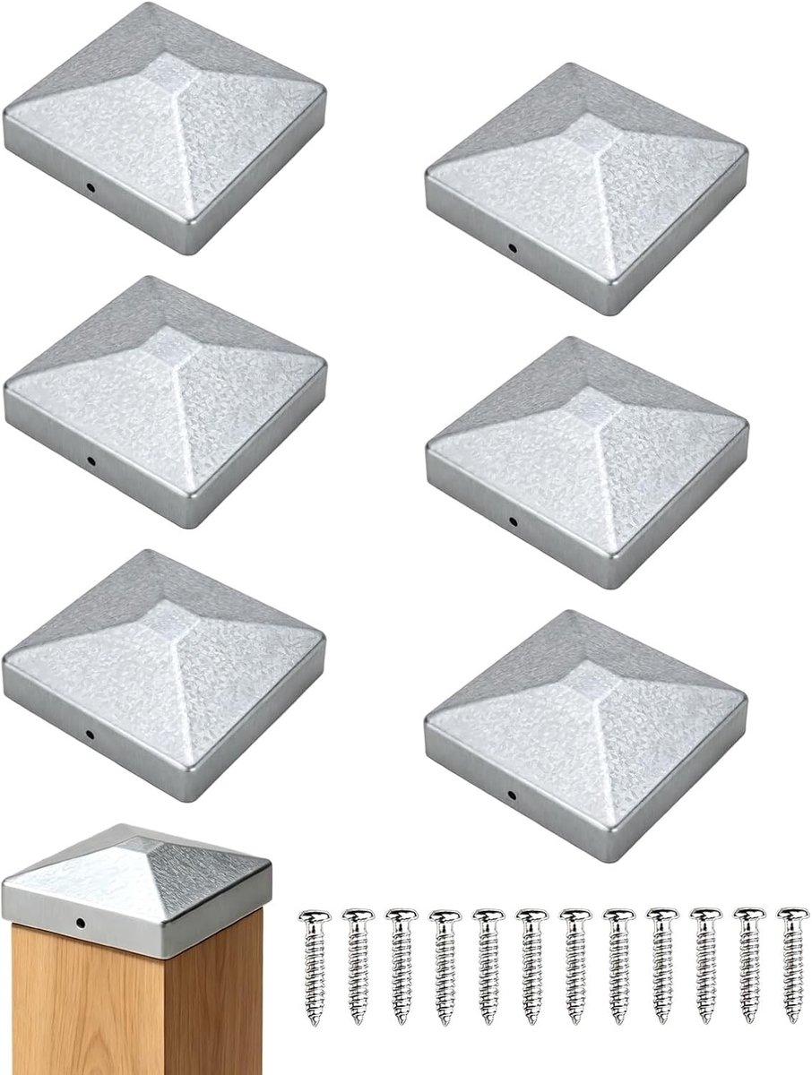 Set van 6 paaldoppen 9 cm x 9 cm voor hekwerk, weerbestendig, zilver, ideaal voor tuin en erf