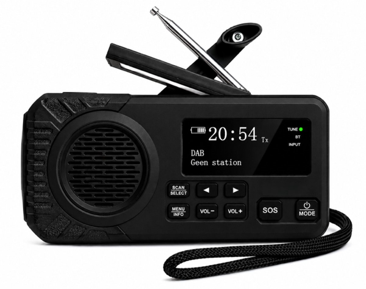 DAB/FM-noodradio, multifunctionele survivalradio met handkruk en zonne-energie, Bluetooth-luidspreker, SOS-noodsignaal, LED-zaklamp, powerbank, Type-C-oplader