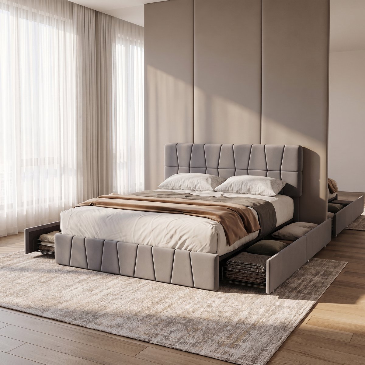 Gestoffeerd bed 160x200 cm met Verstelbaar Hoofdbord, jeugdbed Tweepersoonsbed met opbergruimte en lattenbodem,4 laden,opbergbed, Bedframe,Fluwelen, zonder matras,Grijs