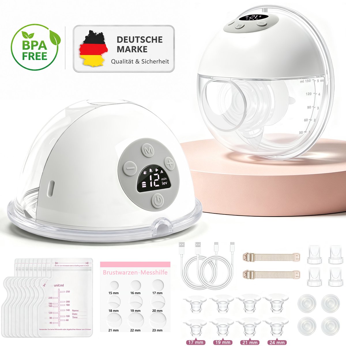 FOSMET Elektrische Borstkolf - Handsfree & Draagbare Dubbele Borstkolf - 2400mAh - BPA-vrij PPSU - BabyCare - Babymond-techniek & Dubbele Afdichting - 4 Modi & 12 Niveaus - Incl. 17/19/21/24 mm Flenzen(2 Stuks)