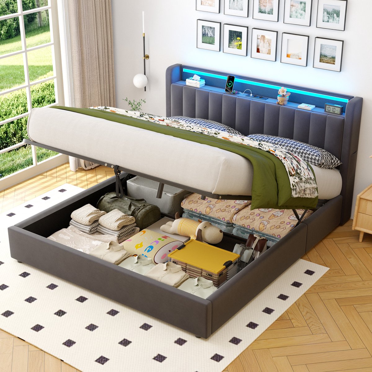 OKWISH Bed – 180 x 200 cm – Met Opbergruimte en USB-Aansluiting – Fluweel, Metaal en Hout – Donkergrijs – Met Sfeerverlichting