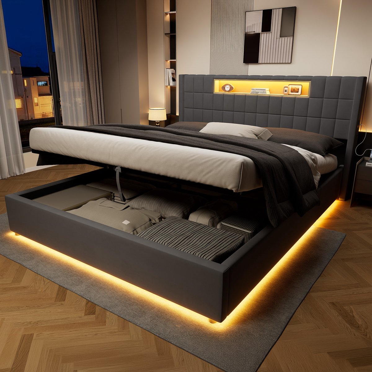 OKWISH Bed – 180 x 200 cm – Met Ledverlichting, Oplaadfunctie en Opbergruimte – Fluweel – Donkergrijs/Grijs – Tweepersoonsbed