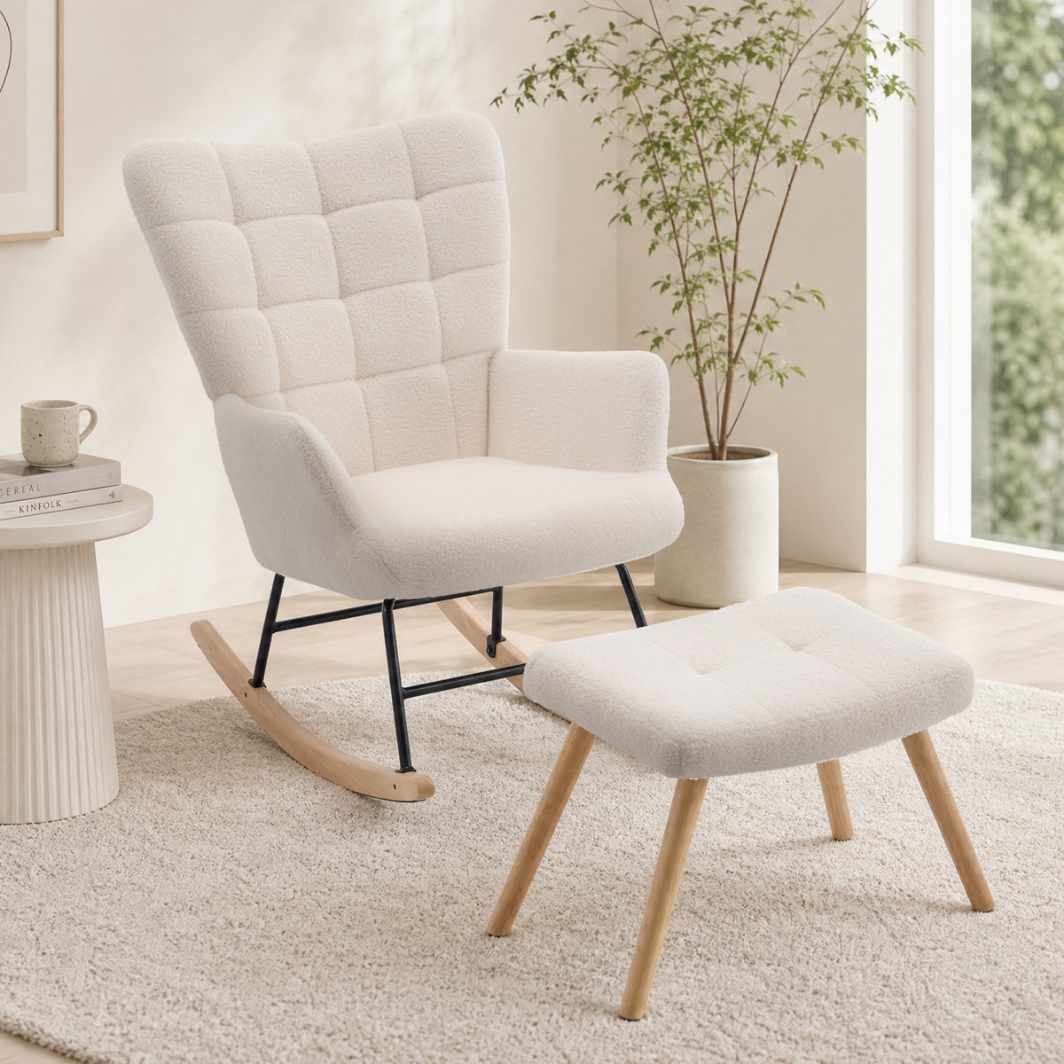 OKWISH Schommelstoel – Met Voetenbank – 91 x 61 x 88 cm – Lamswol en Metaal met Hout – Beige – Voor Lezen en Rustmomenten