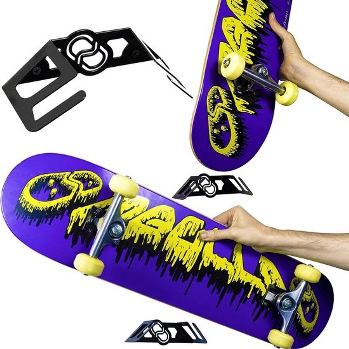 Stevige Wandhouder voor Skateboard - Verticaal en Horizontaal Ophangen - 100% Staal (2 stuks Zwart)