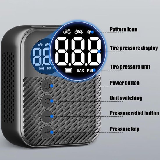 Mini Elektrische Fietspomp met Digitale Manometer - 150 PSI Draagbare Luchtpomp - USB-C Oplaadbaar voor Racefiets, MTB & E-bike - Zwart — afbeelding 3