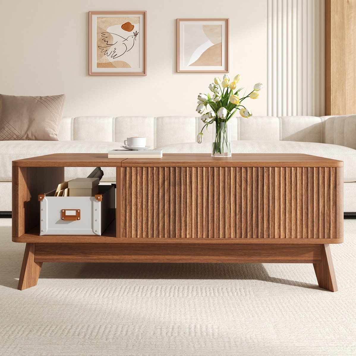 REDOM - Salontafel - Hefbare tafelplaat - Verborgen opbergruimte en open zijvak - Moderne stijl - Woonkamer - MDF - Walnoot - 95 x 48 x 50 cm
