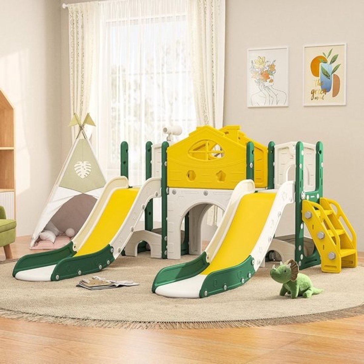 7-in-1 Kinderspeelset met Glijbaan, Basketbalmand, Telescoop en Klimladder voor Binnen en Buiten (1-6 jaar)