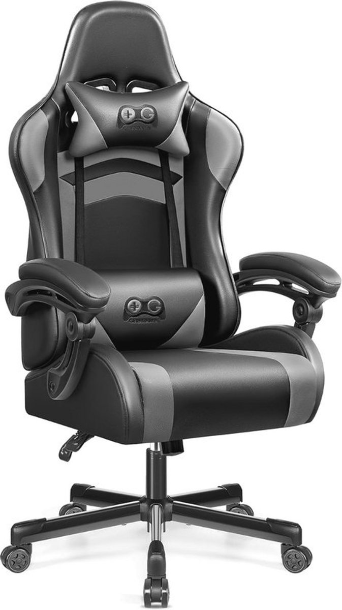 Ergonomische Gamingstoel met Hoge Rugleuning - Verstelbare Racing-Stijl Stoel voor Computer en Kantoor - Inclusief Hoofdsteun en Lendensteun - Grijs