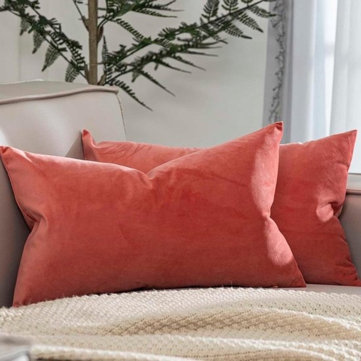 Kussenhoezen Set - Sierkussenslopen Decoratief - Woonkamer Decoratie - Zacht Premium Fluweel - 30x50 cm - Koraal