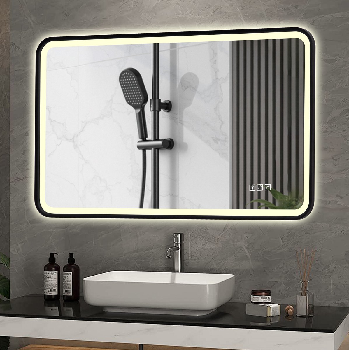 MODFU - Led Badkamerspiegel - Zwart Aluminium Frame - Anti-Condens - 70 X 90 Cm