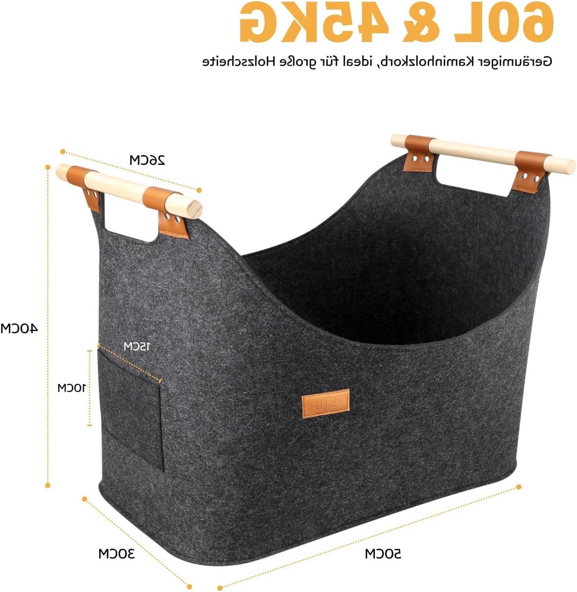 Houtmand Vilt - Brandhout Opslag - Haardhout Transport - Opvouwbaar Ontwerp - 60 Liter Inhoud - Donkergrijs