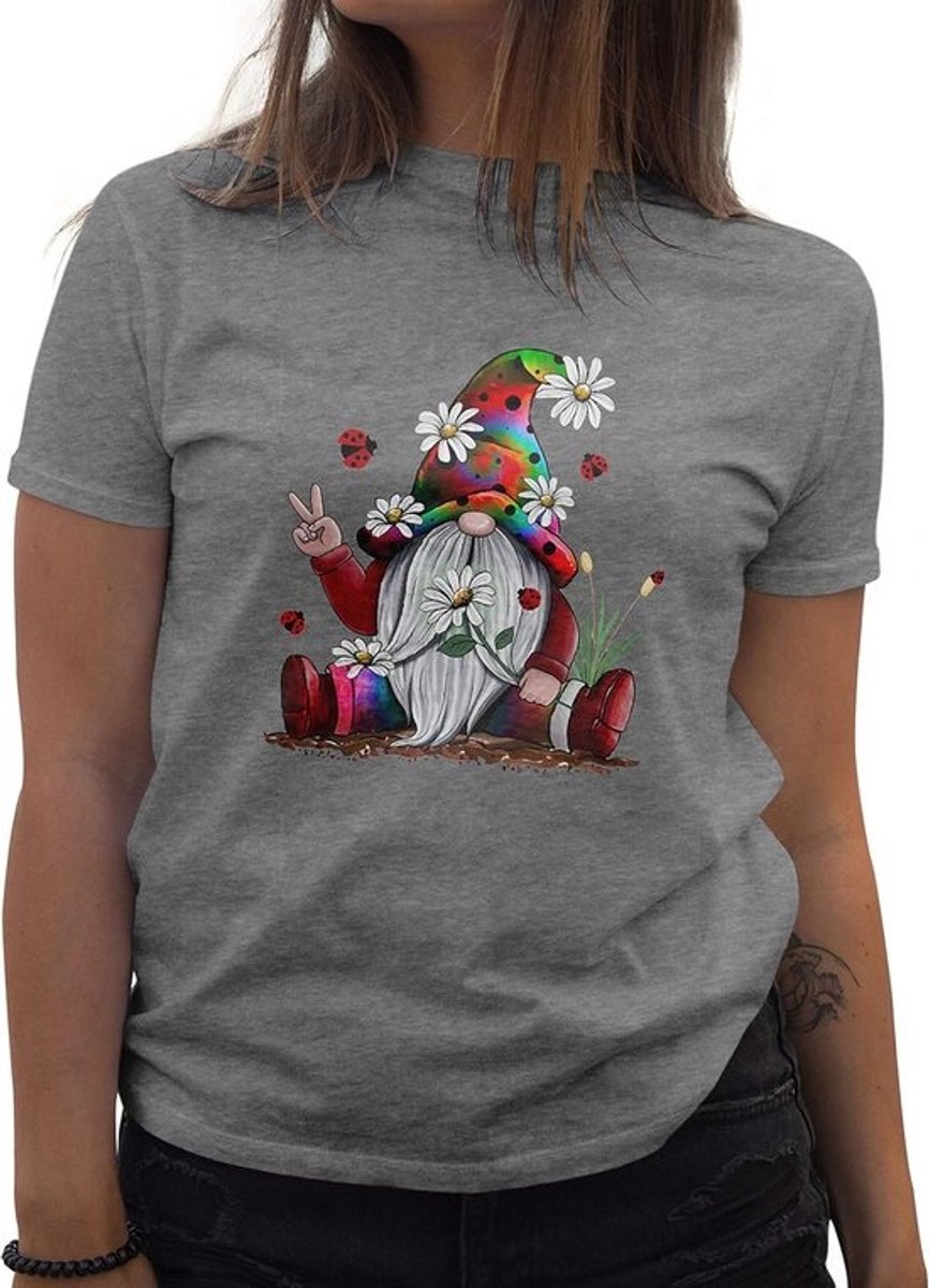 Dames T-shirt met Vredesduif en Tuinkabouter Opdruk - Hippie Stijl