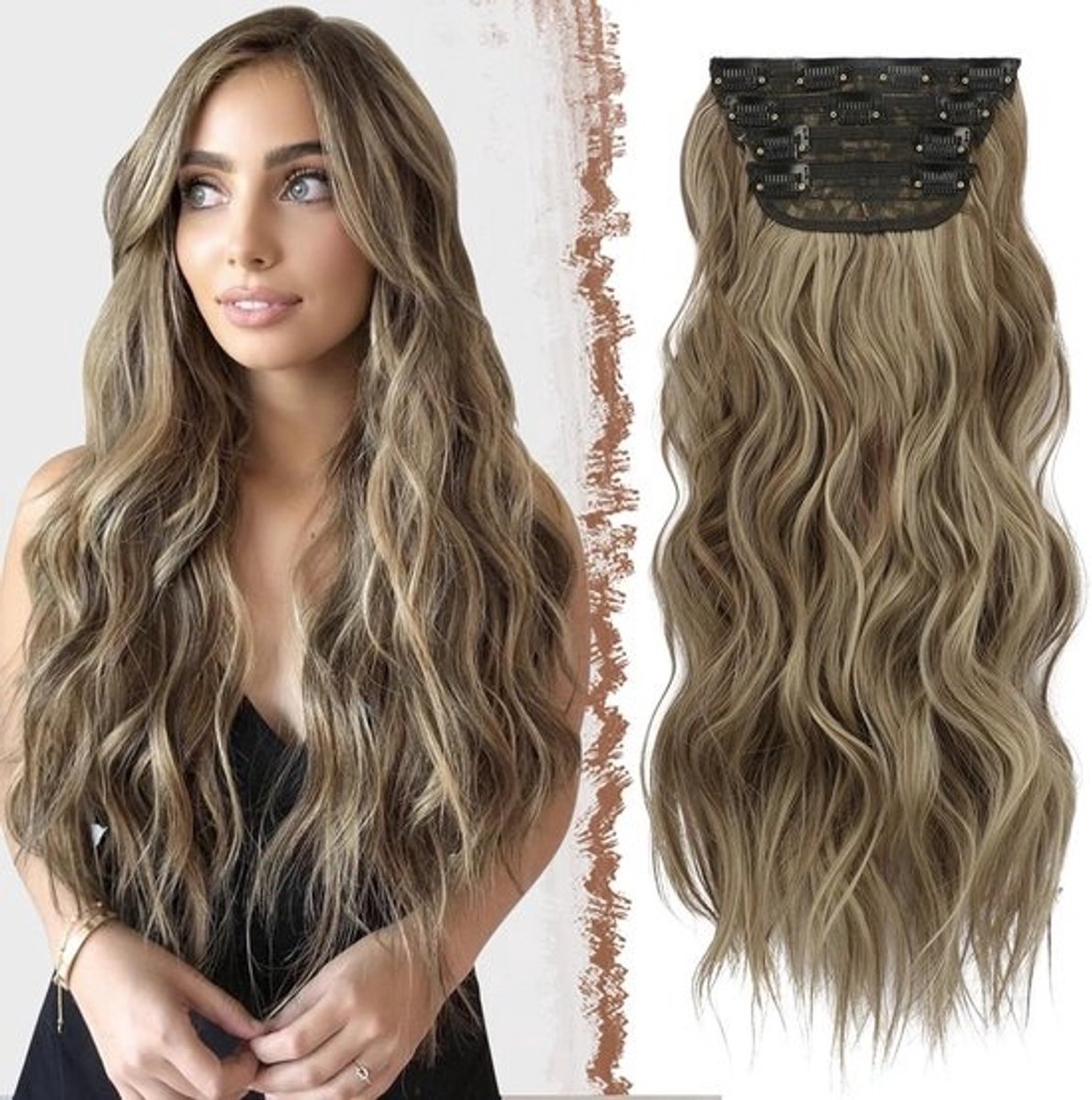 Lange Golvende Clip-in Haarverlenging 4 Delen Synthetisch Haar - Karamelbruin Mix Grijsblond