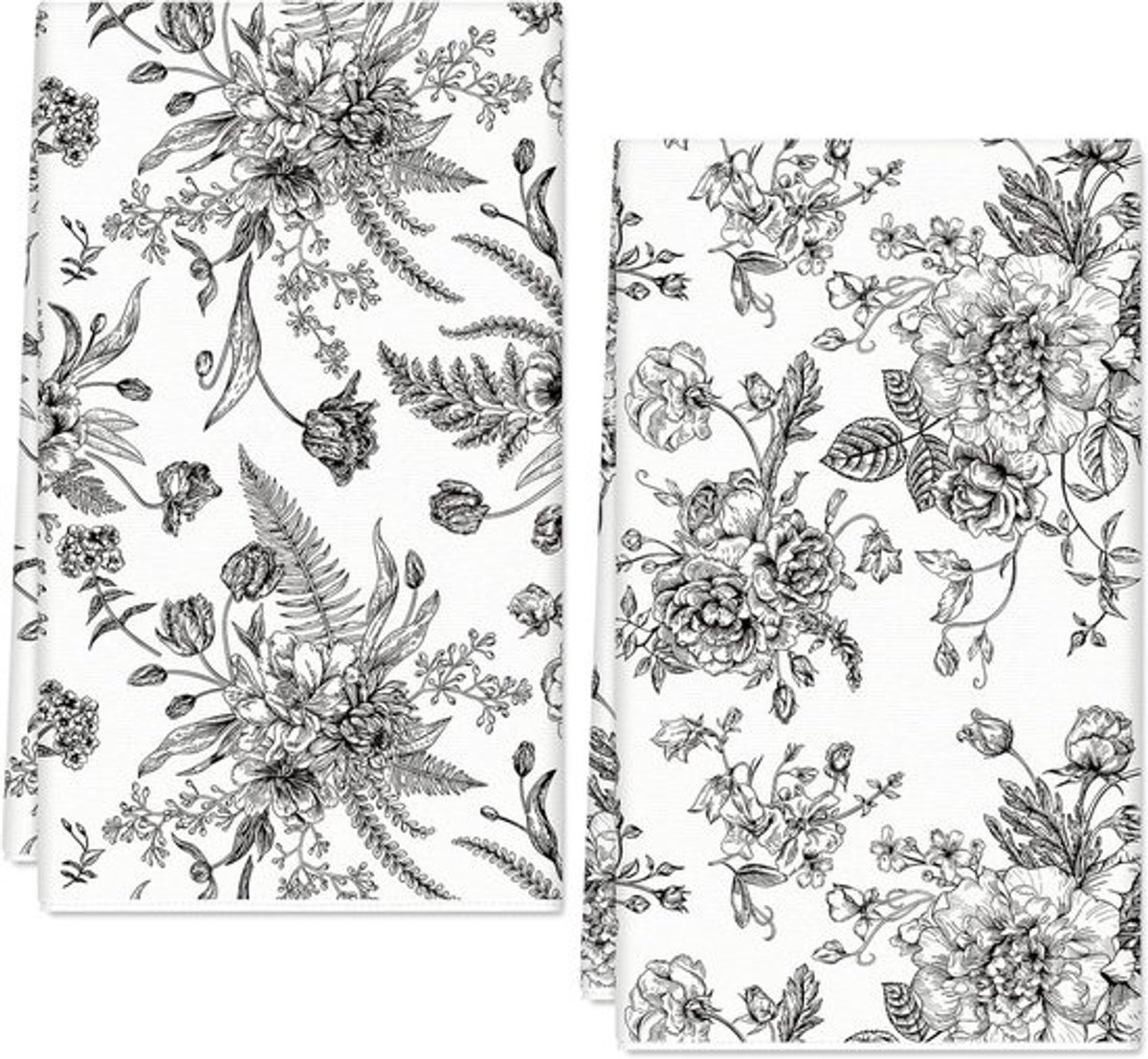 2 Delige Keukendoek Set Wit Zwart Bloemenpatroon - Absorberende Afdroogdoeken voor Keuken