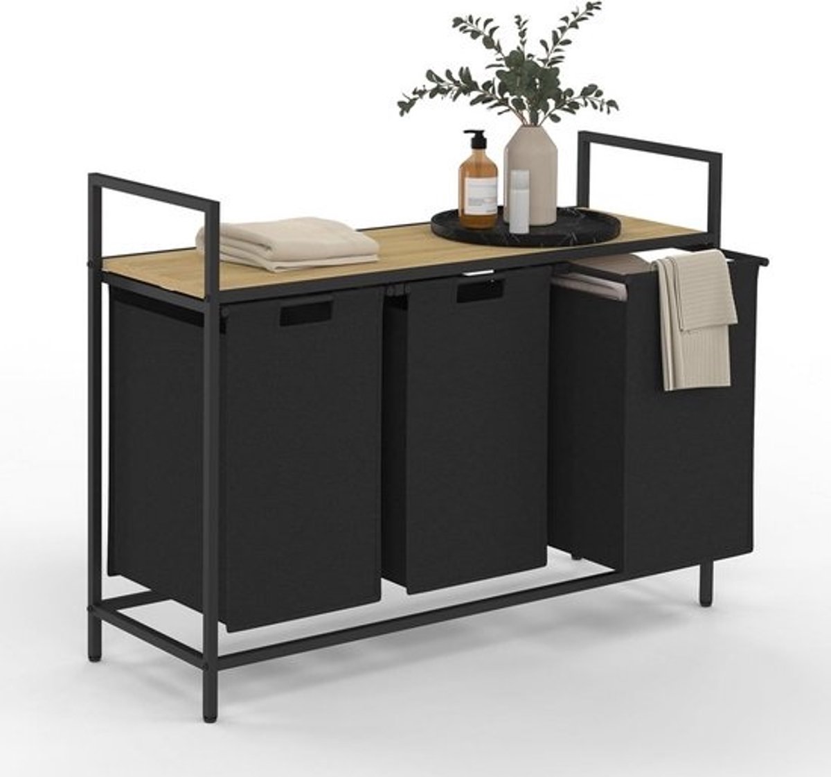 Wasmand met 3 Bakken - Kledingopslag Meubel - Was Sorteren - Uittrekbare Bakken - 92.5 x 33 x 71 cm