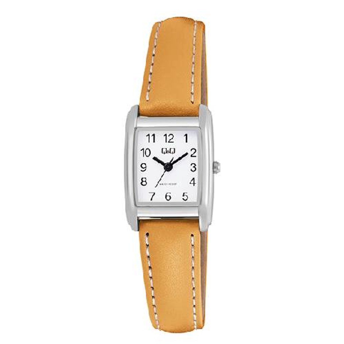Q&Q-dameshorloge-rechthoekig-taupe kleur-lichtbruin-leder-3 atm waterdicht-duidelijke wijzerplaat-afmeting 28x20 mm