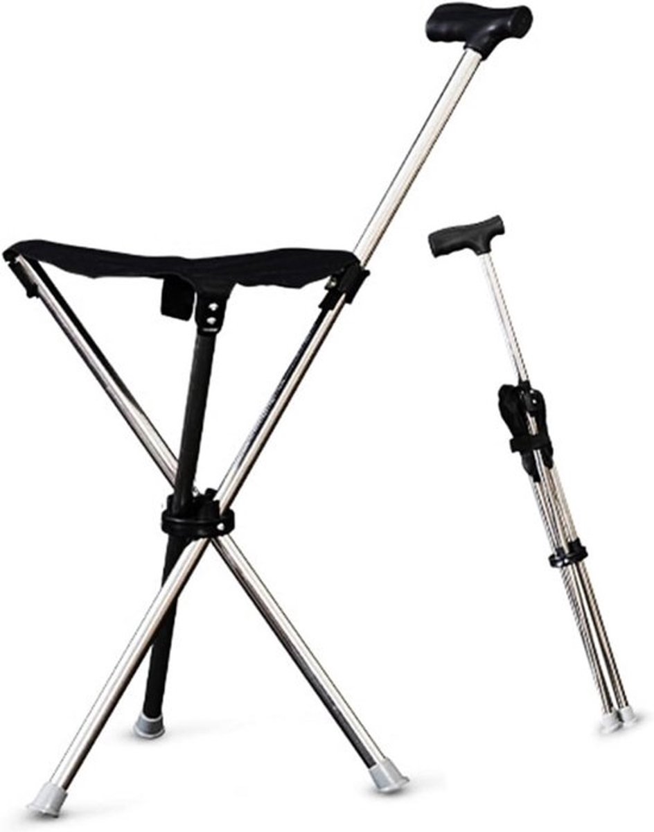 Wandelstok met Zitting - Kruk Stok - Ondersteuning bij Wandelen - Opvouwbaar en Draagbaar - 150 kg Draagvermogen - Zilver