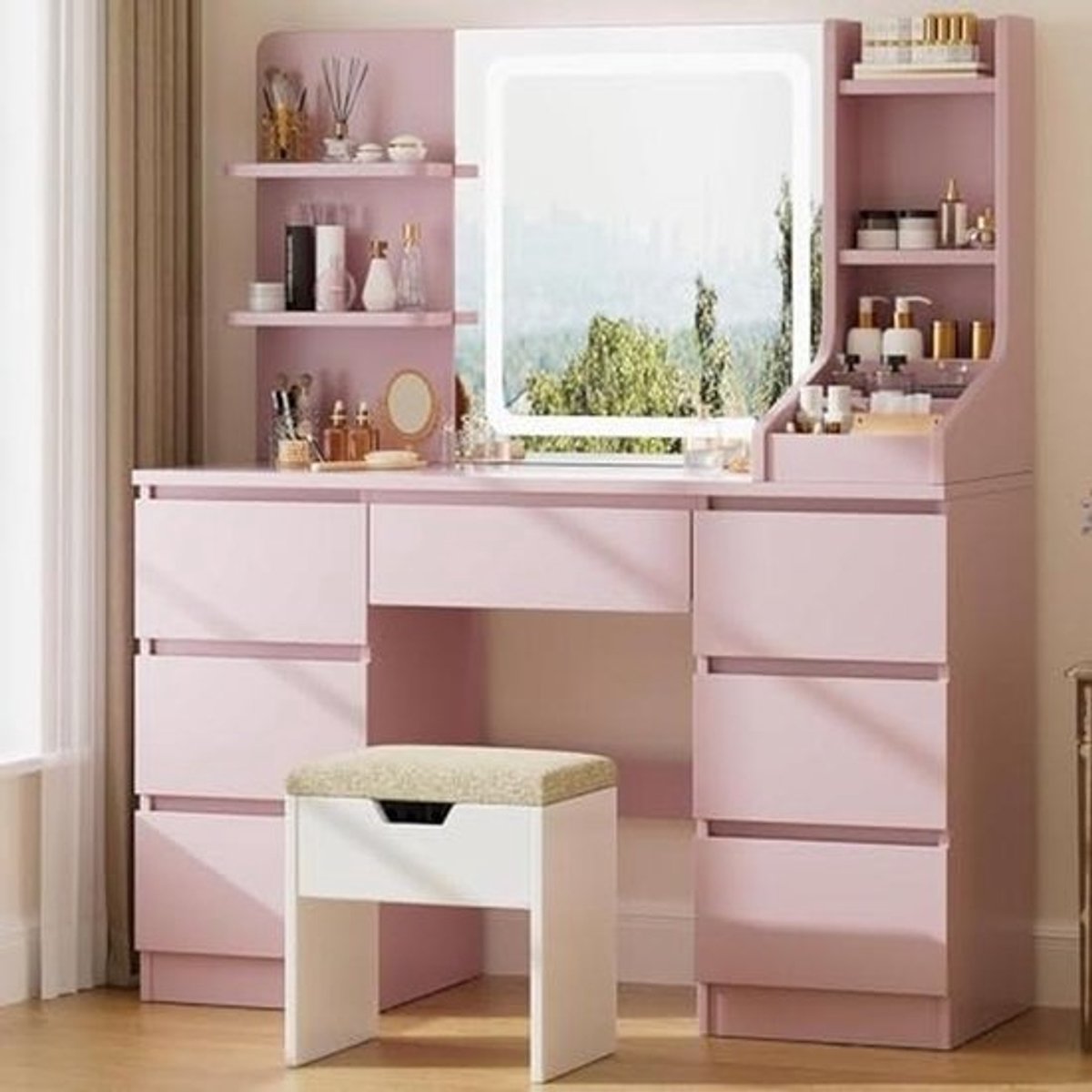 Kaptafel met LED Spiegel en Verlichting - Moderne Make-uptafel met Opbergruimte, 110 x 40 x 139 cm