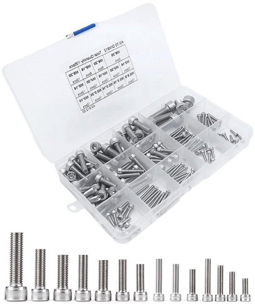 135-delige Schroeven Set Roestvrij Staal Socket Bouten M2.5 t/m M8 Inclusief Opbergdoos