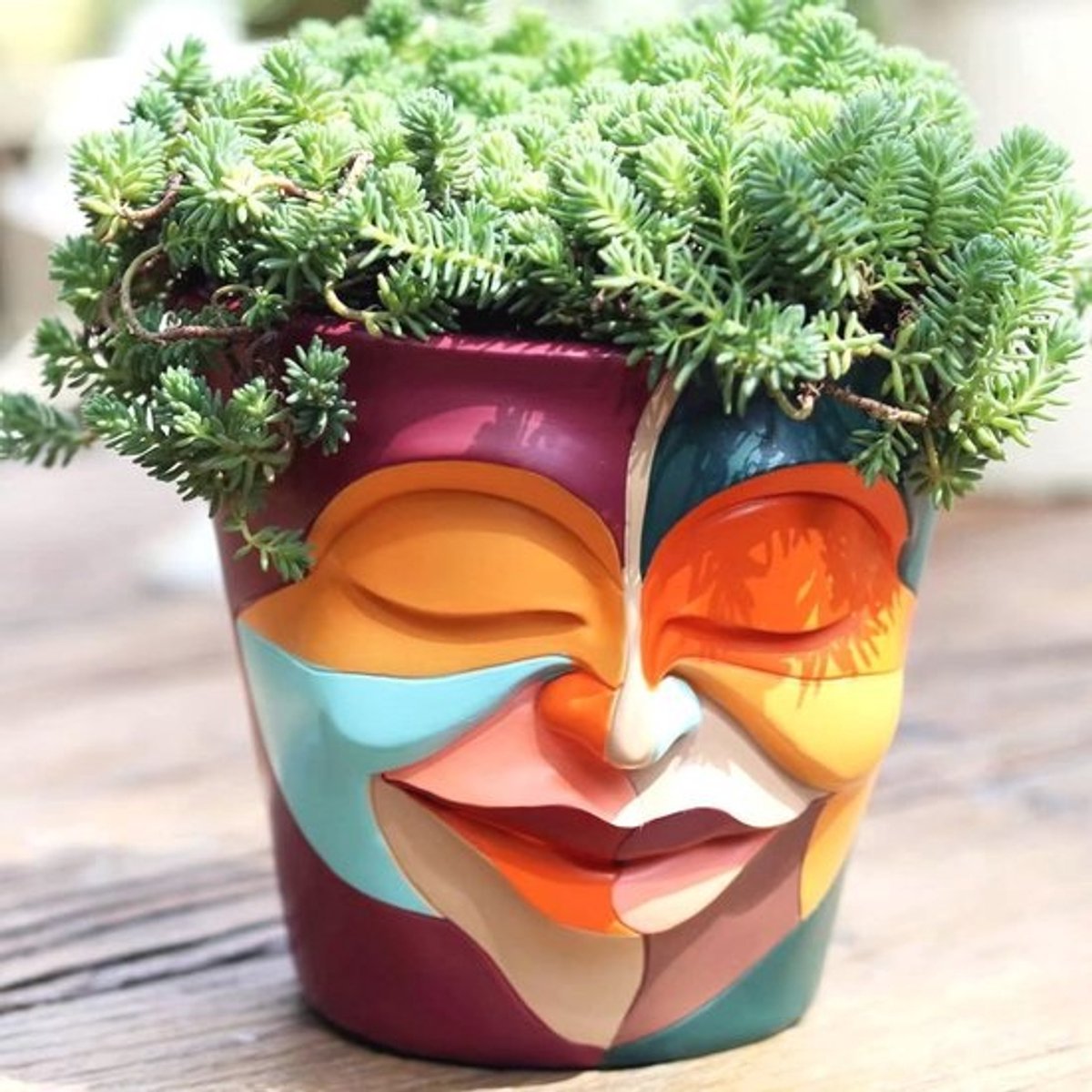 Unieke Abstracte Bloempot met Regenboogkop - Grote Plantenpot met Gezicht en Drainage voor Binnen en Buiten