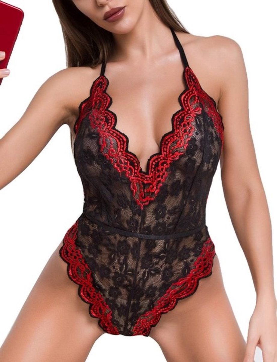 Diepe V-hals kanten bodysuit voor dames - sexy bruidslingerie