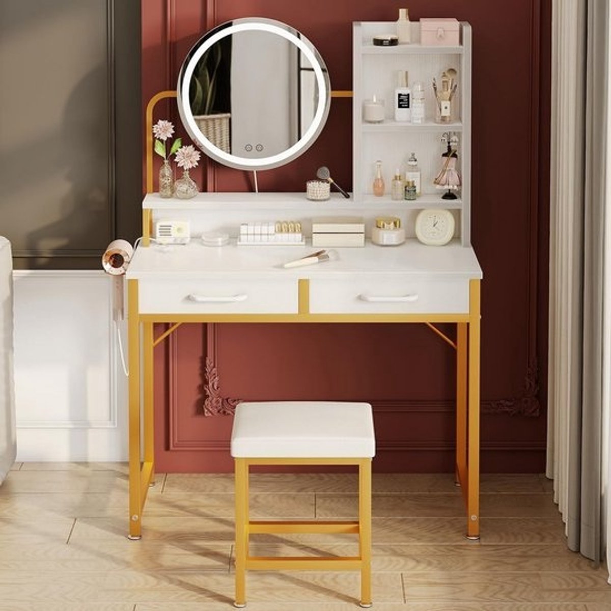 Kaptafel 80cm met Verstelbare LED Spiegel, Make-up Tafel met Opbergruimte en Lades