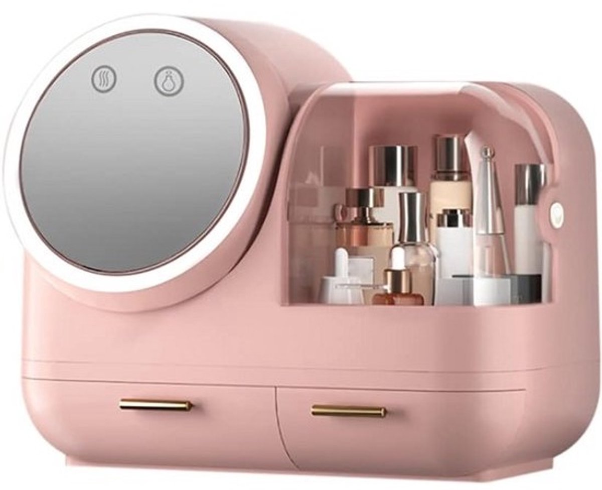 Cosmetica Organizer met Draaibare Spiegel en LED Verlichting - Make-up Opbergdoos voor Dressoir en Badkamer