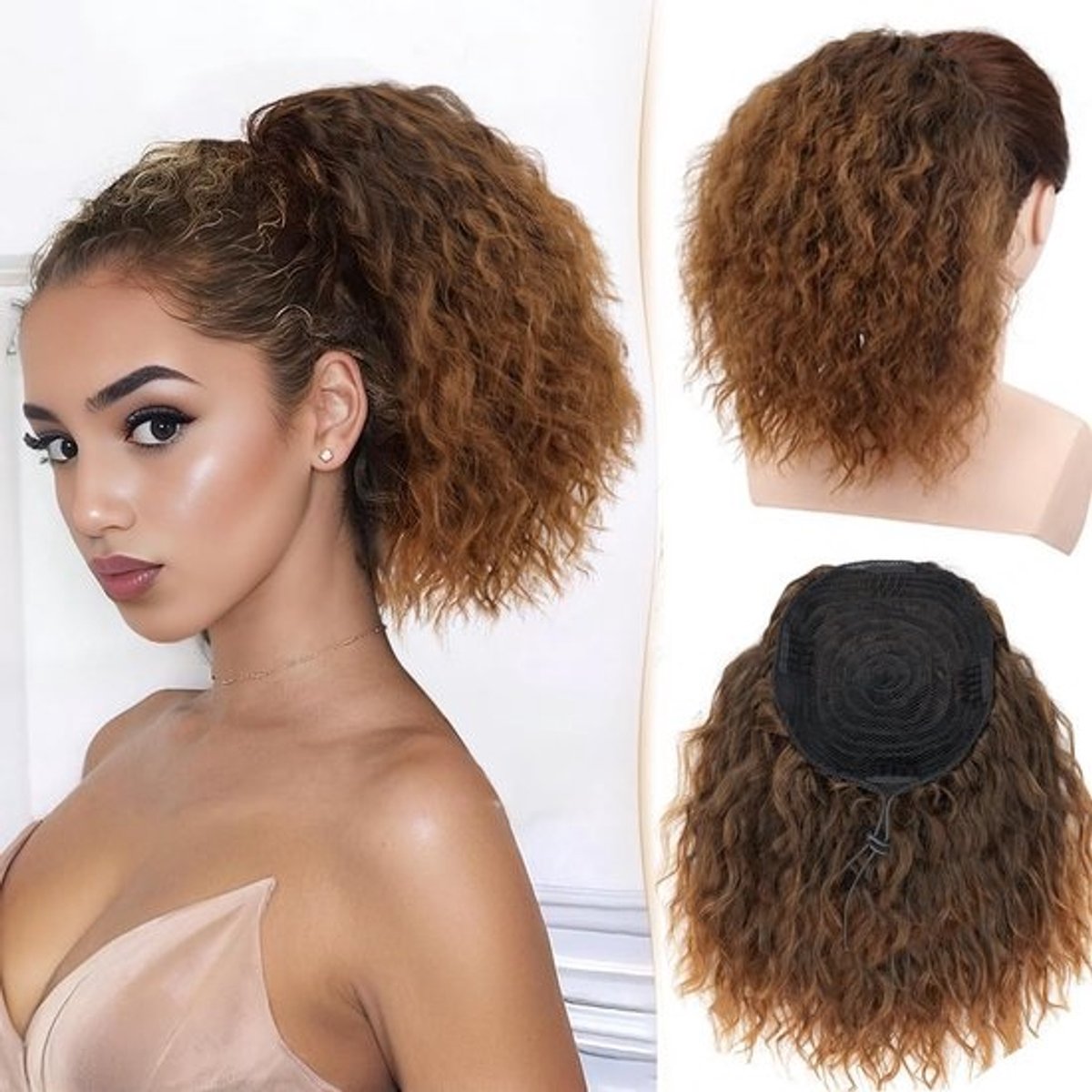 Golvend Krullend Paardenstaart met Touw, Ombre Maroon Afro Vlecht Haarstuk, Korte Zachte Natuurlijke Synthetische Haarverlenging