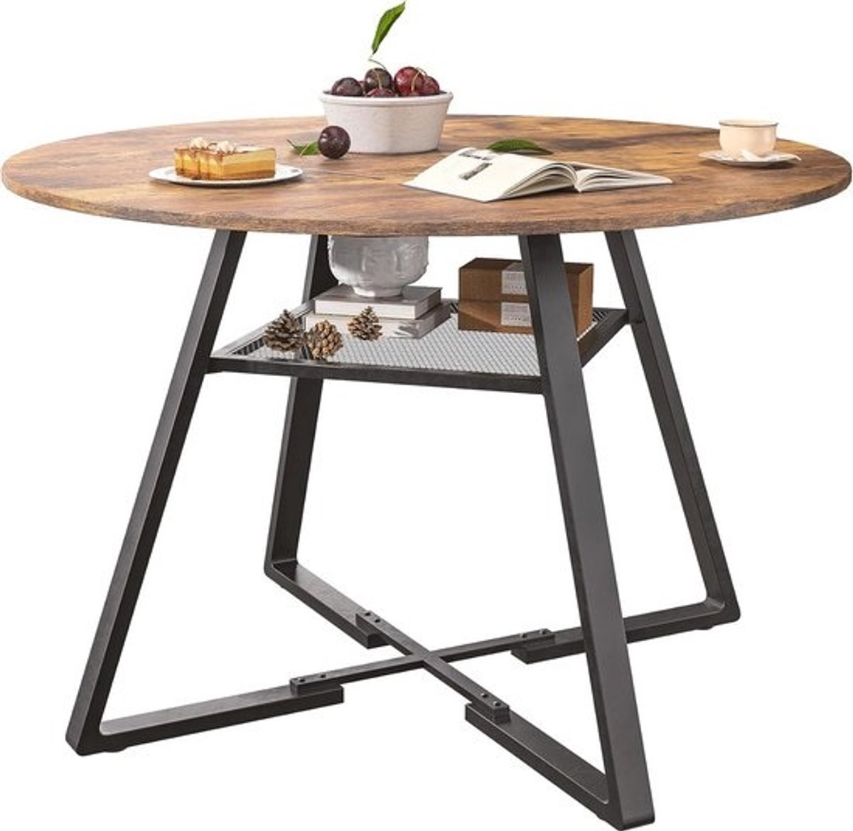 Ronde Eettafel 120 cm Hout met Zwarte Metalen Poten - Geschikt voor 4-6 Personen