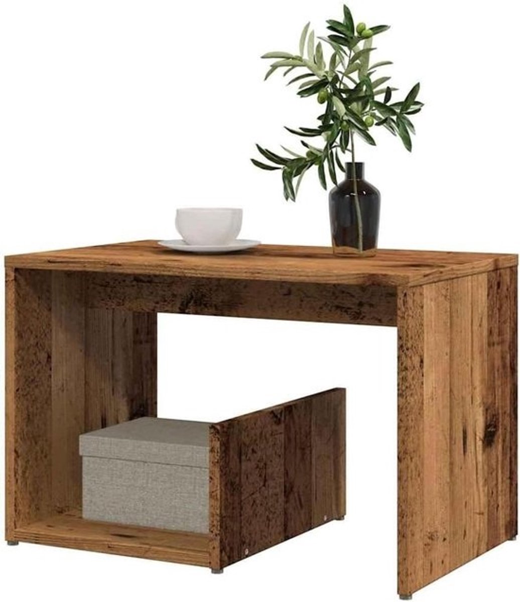 Bijzettafel Houtlook - Opbergtafel Hoektafel - Woonkamer Organiseren - Open Vakken Design - 59x36x38 cm - Oud Hout