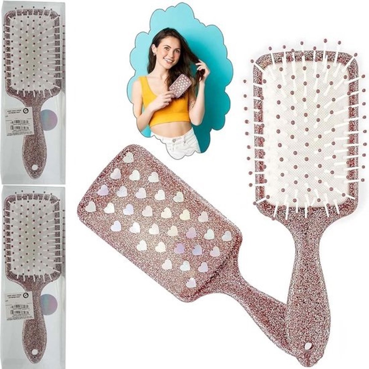 2x Roségoud Glitter Paddle Haarborstel voor Ontklitten en Föhnen