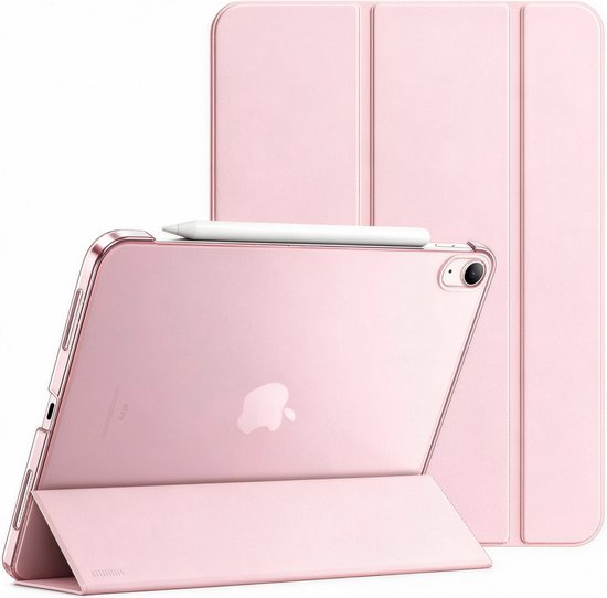 Roze tablethoes in staande positie met een Apple Pencil.