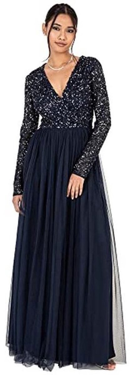 Maxi Jurk voor Dames met Lange Mouwen en V-hals - Pailletten Decoratie voor Bruiloft en Feest